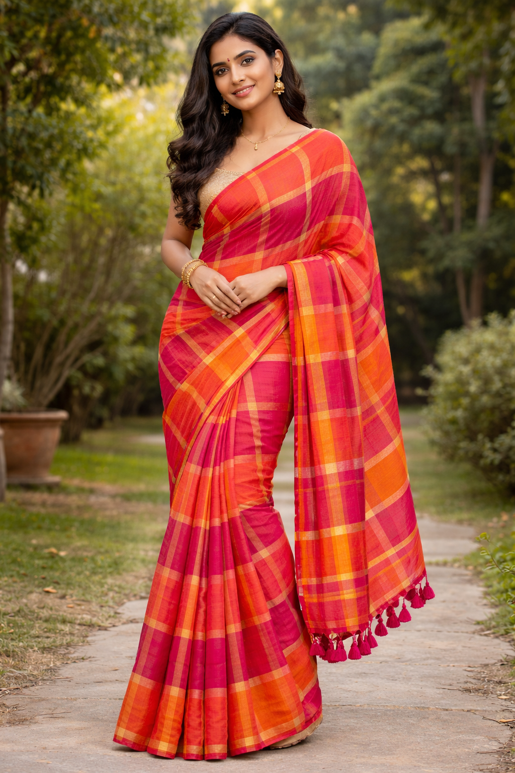 Zari with Plaid Design Mul Cotton Saree