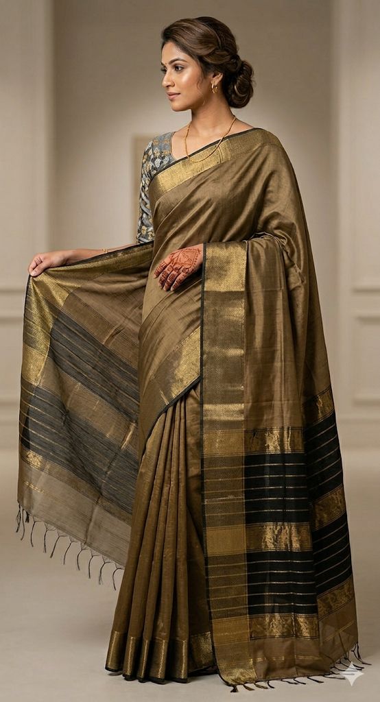 Elegant Gold-Toned Silk Saree with Black Border