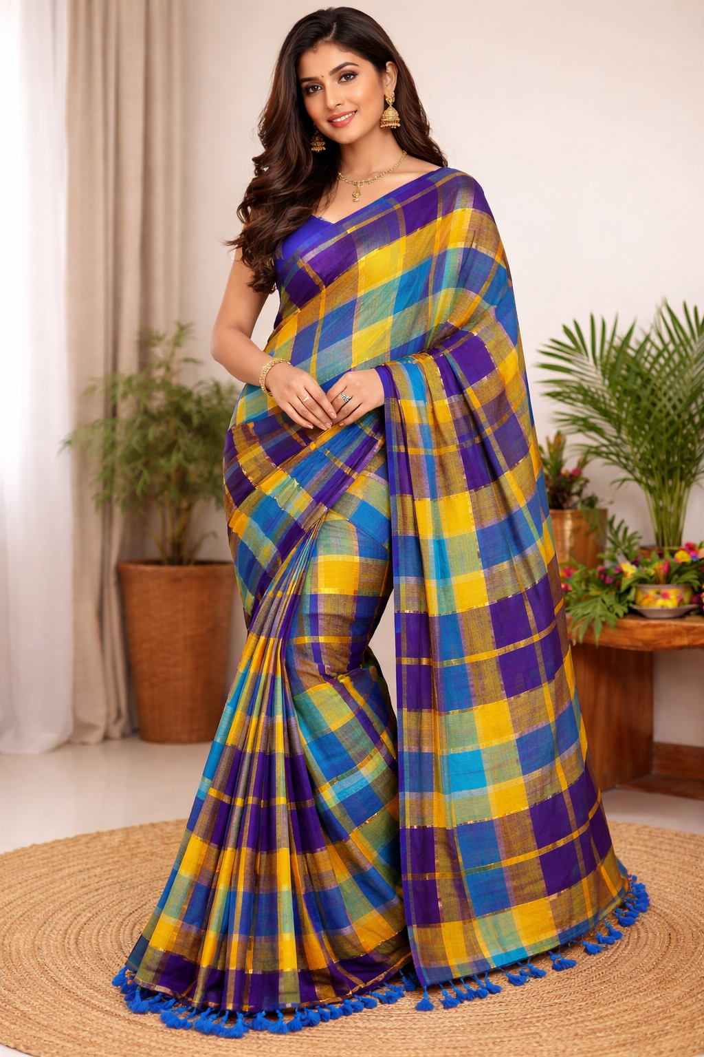Zari with Plaid Design Mul Cotton Saree