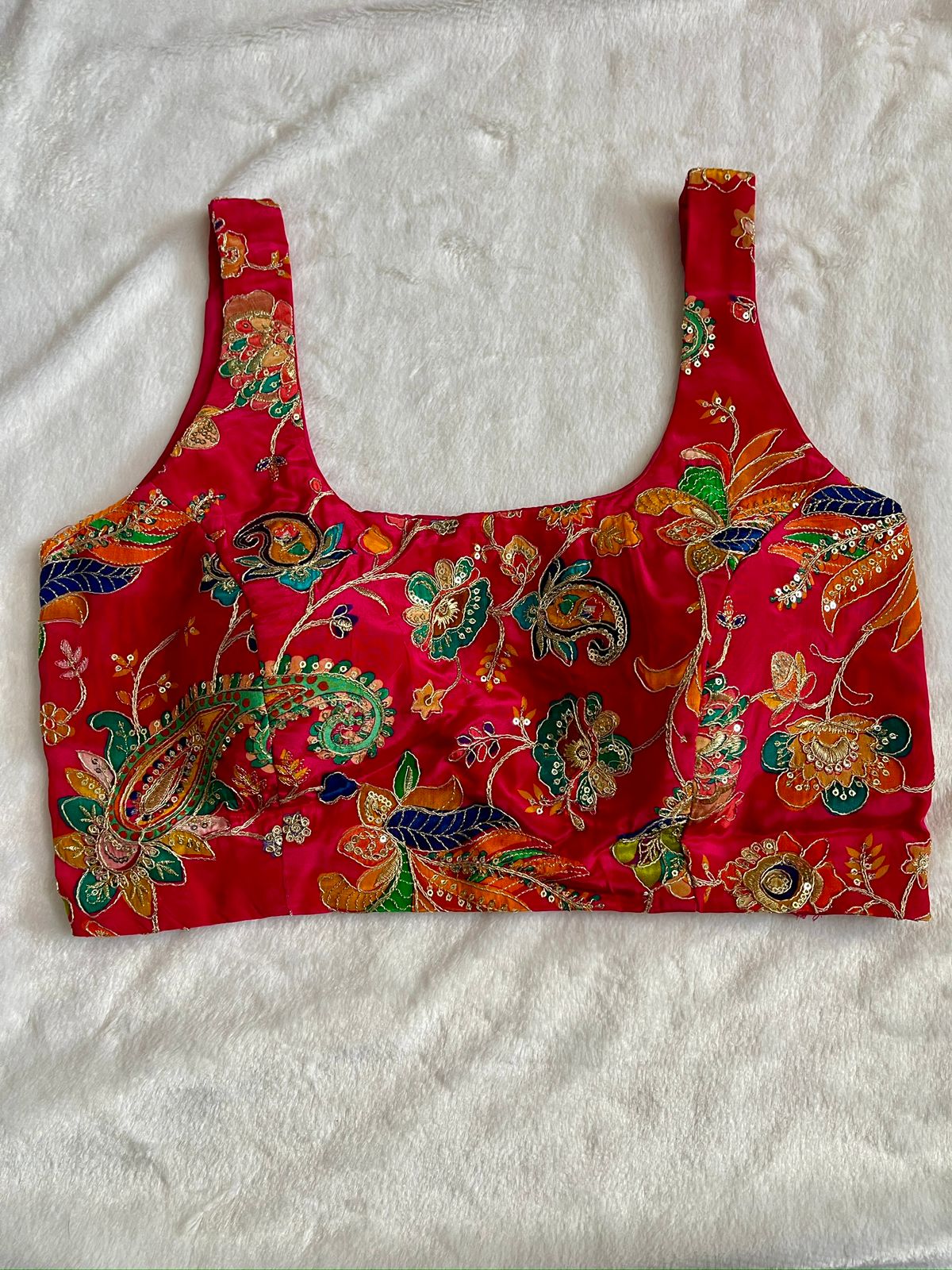 Art meets elegance in this stunning Crepe Kalamkari blouse