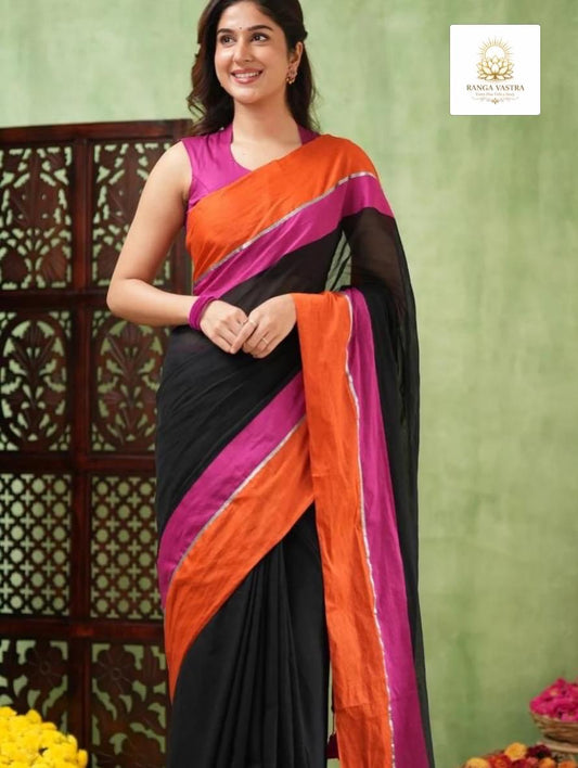 Mul Cotton Black Saree with Orange & Pink Border