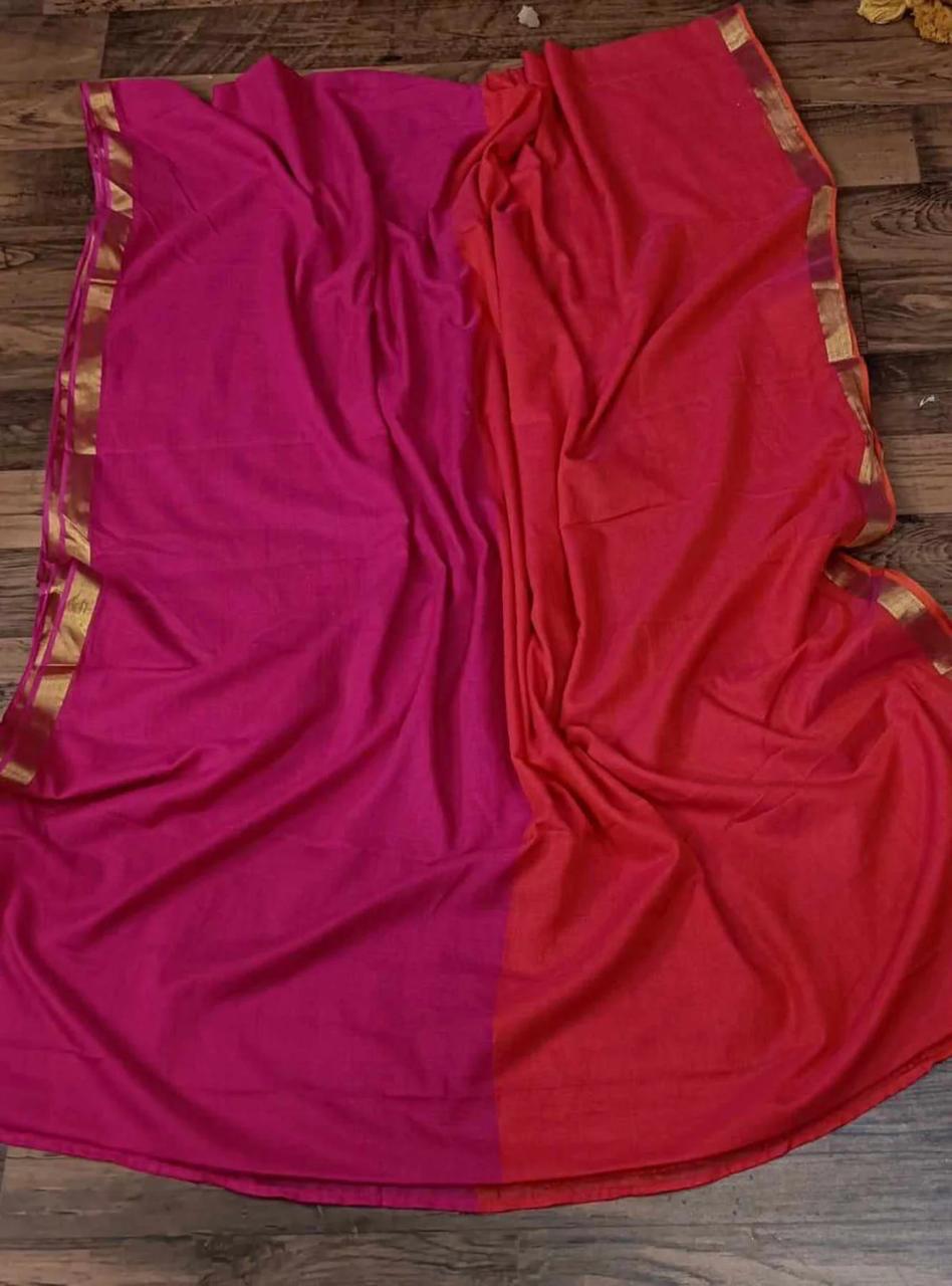 Dual-Shaded Mul Cotton Saree with Zari Border & Tassel Pallu