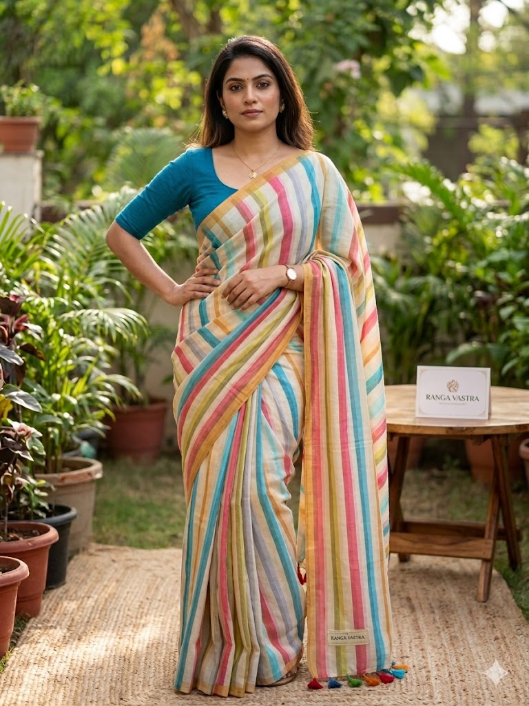 Multicolor Striped Mul Cotton Saree