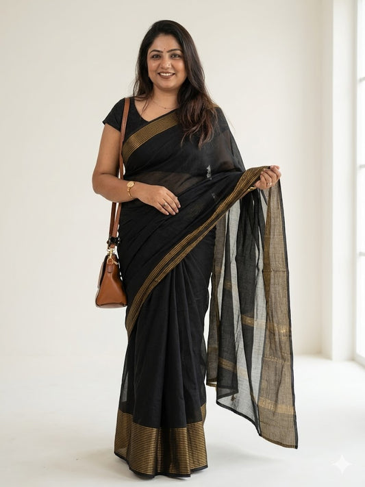 Mul Cotton Black Saree with Gold Zari Lines