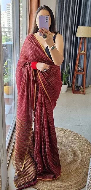Mul Cotton Saree with Checked Pattern